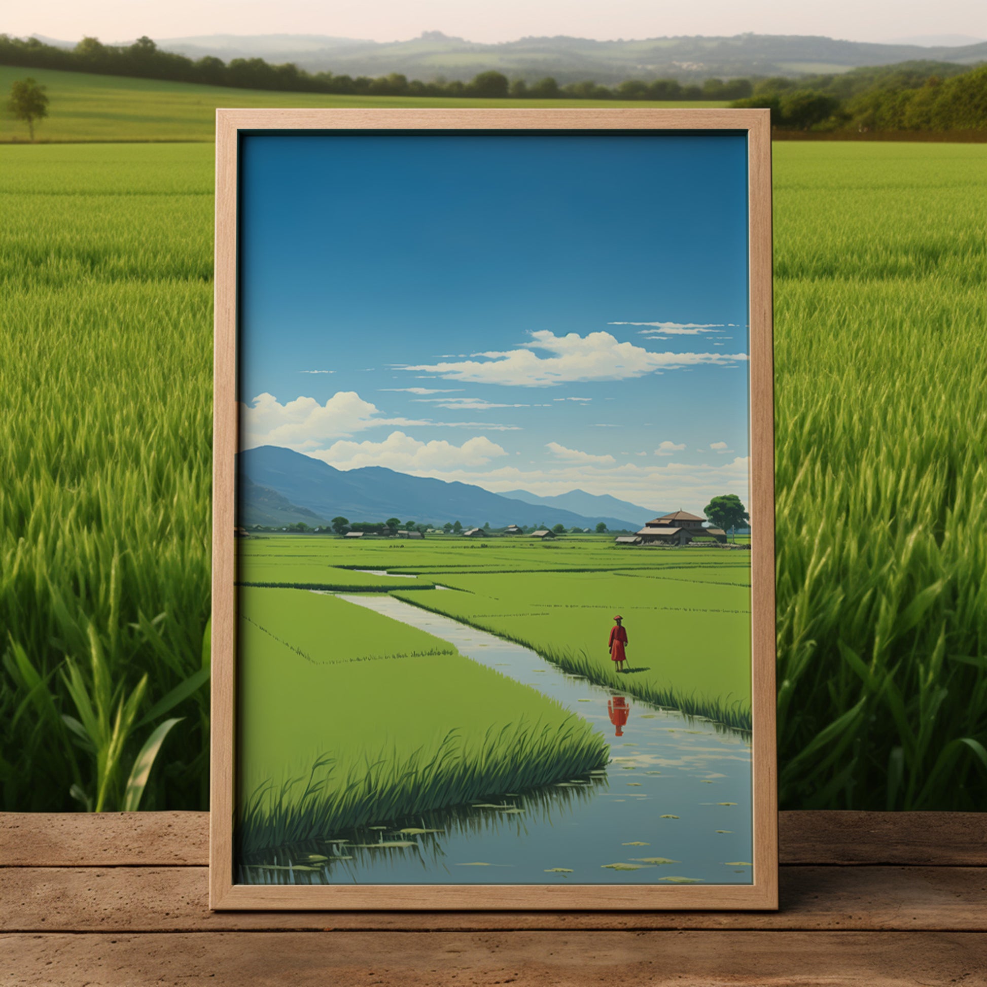 A painting of a person walking through a lush green rice field with mountains in the background, displayed on an easel.