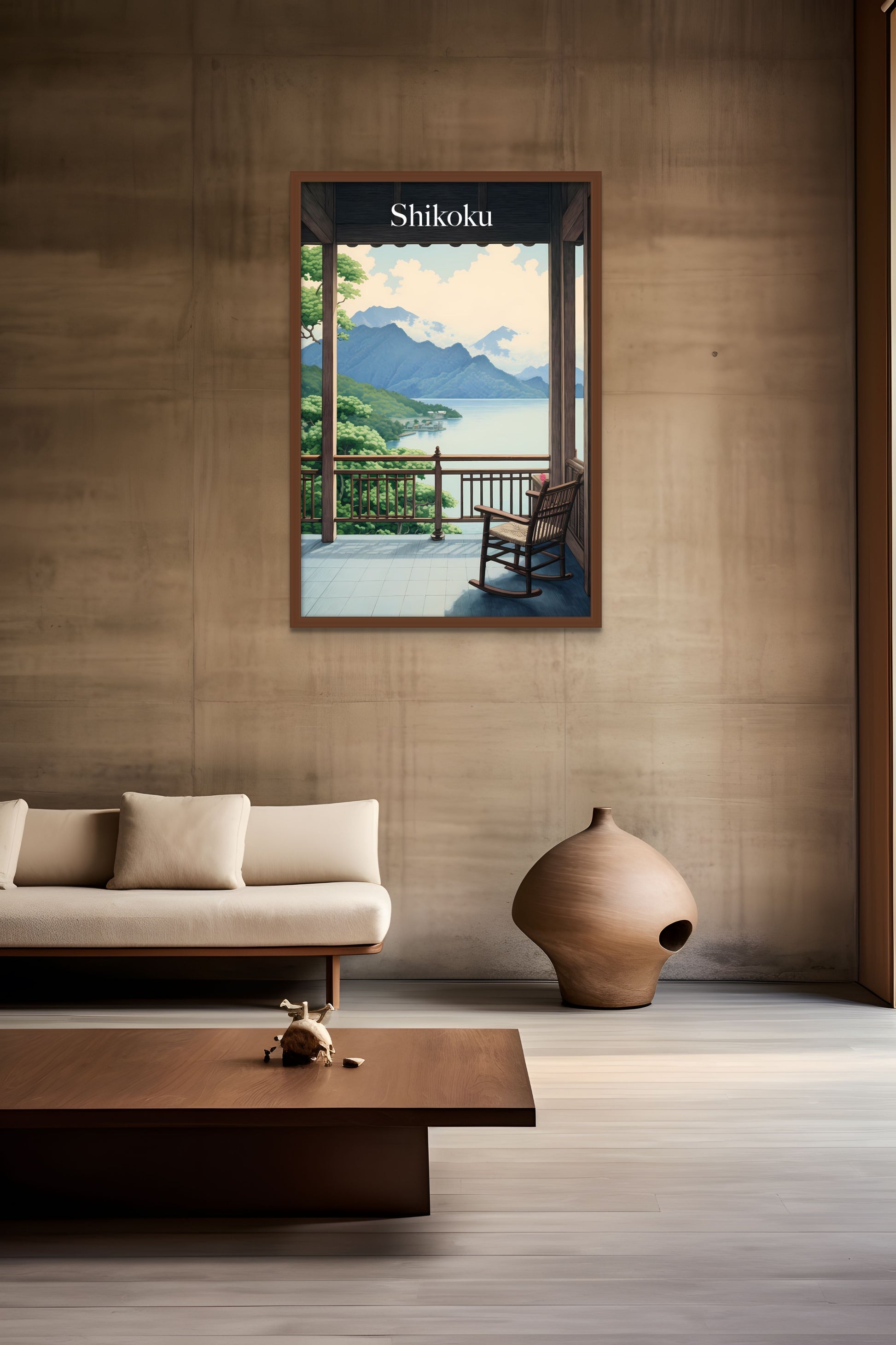 A minimalist living room with a large window looking out to a mountainous landscape, with the text "Shikoku."