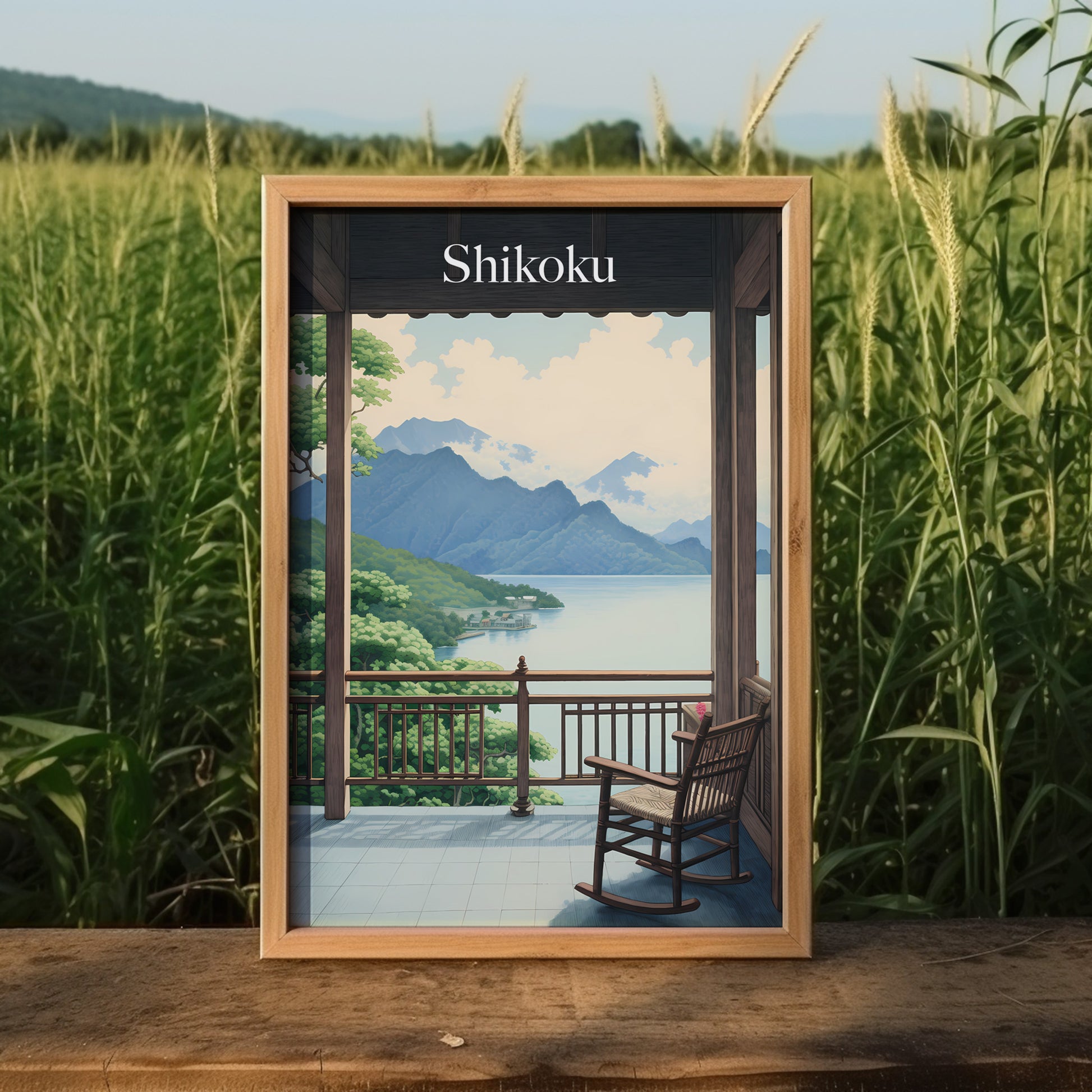 An illustrated poster of Shikoku with mountains and a lake viewed through an open door, with a rocking chair in front.