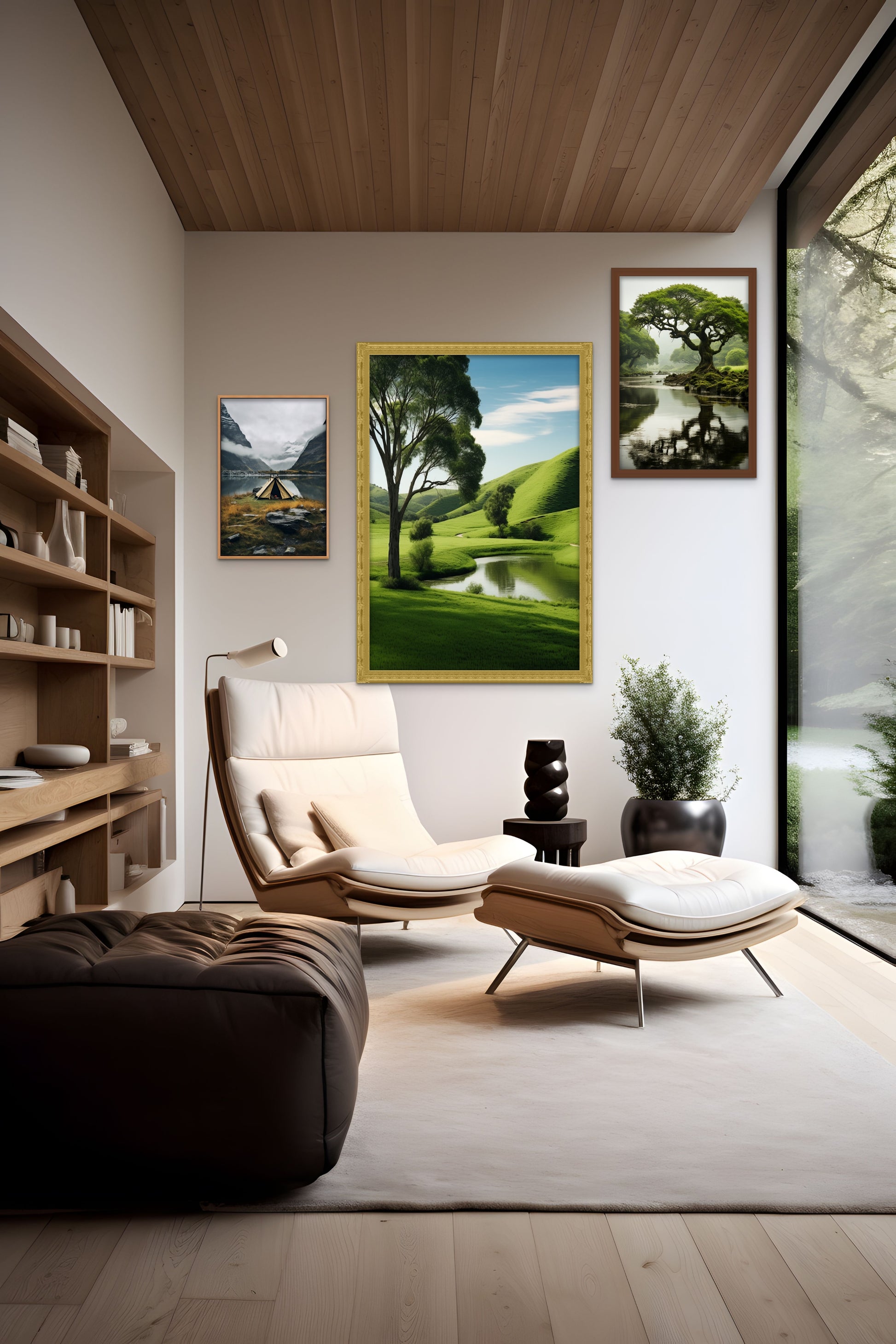 A cozy modern living room with a comfortable chair, ottoman, artwork, and a view of trees through a large window.