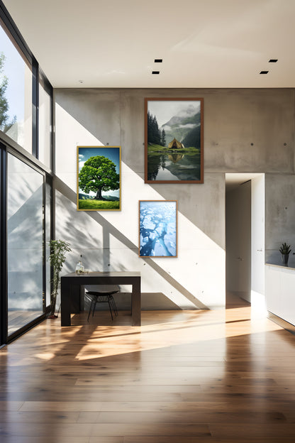 Modern interior with concrete wall, stairway, framed artwork, and natural light.