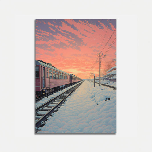 Train on snowy tracks under a pink sunset sky.
