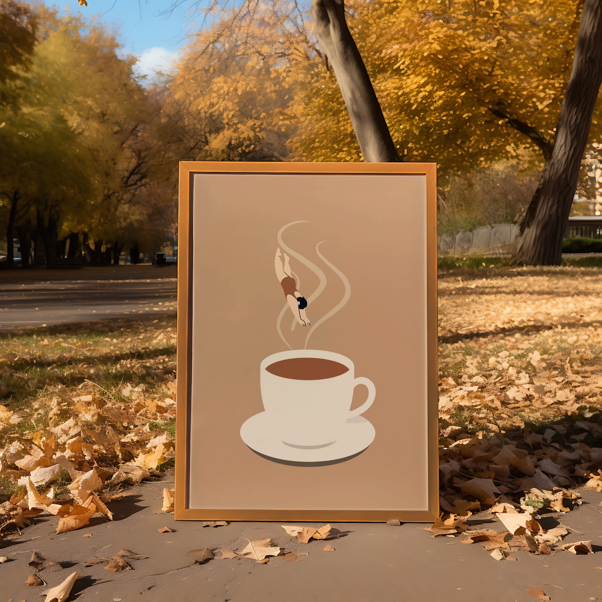 A sidewalk sign with a coffee cup illustration, surrounded by autumn leaves.