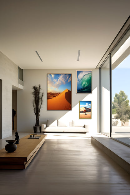 A modern living room with large windows, artwork on the walls, and minimalistic furniture.