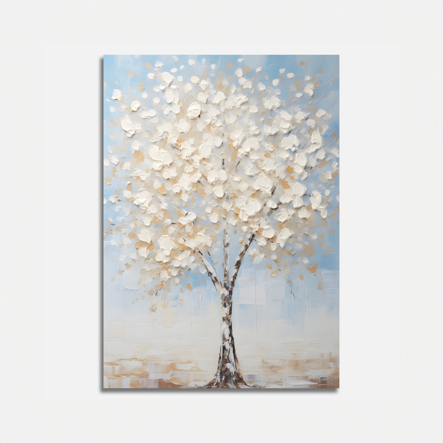 A painting of a tree with white and beige leaves against a blue sky.