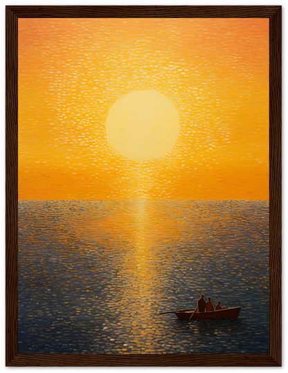 "Painting of two people in a boat on a calm sea at sunset with the sun reflecting on water."