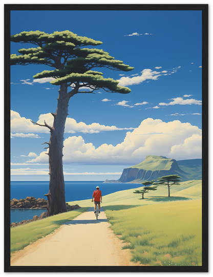 A painting of a person walking towards the sea on a path with a single tree and cliffs in the distance.