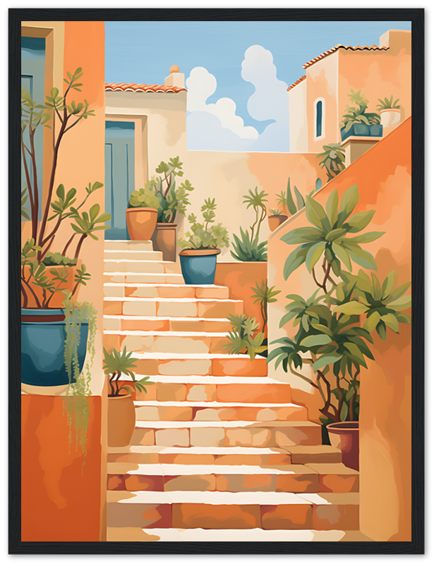 A colorful illustration of a sunny Mediterranean staircase surrounded by potted plants and buildings.