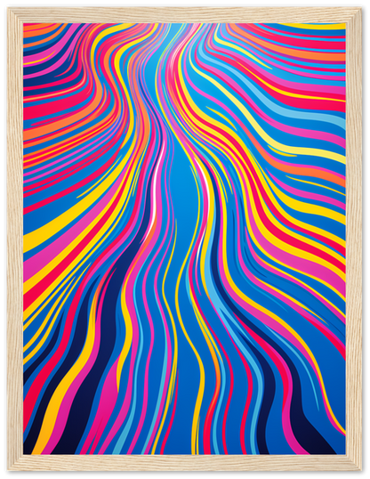 Colorful abstract artwork with wavy lines in blue, yellow, pink, and red.