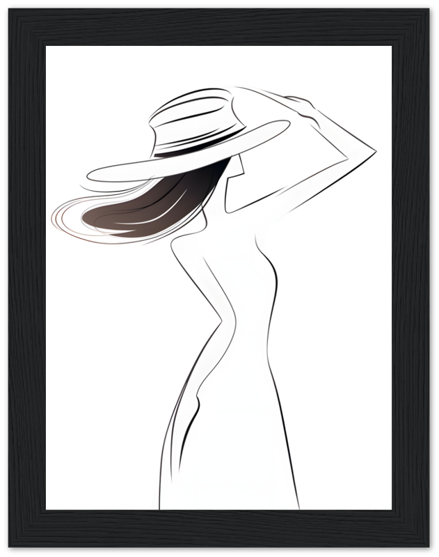 Stylized illustration of a woman in a dress and wide-brimmed hat.