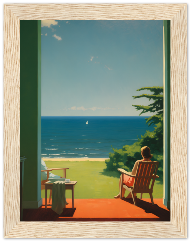 Alt text: A painting of a person sitting on a porch looking at the sea with a sailboat in the distance.