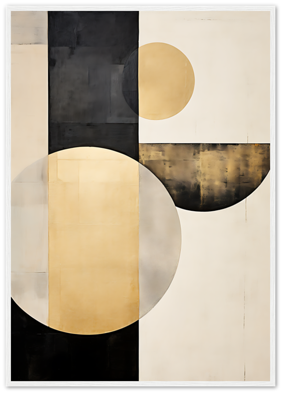 An abstract painting with geometric shapes, featuring black and golden circles on a beige background.