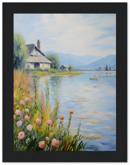 Oil painting of a lakeside cottage with a rowboat and flowers in a frame.