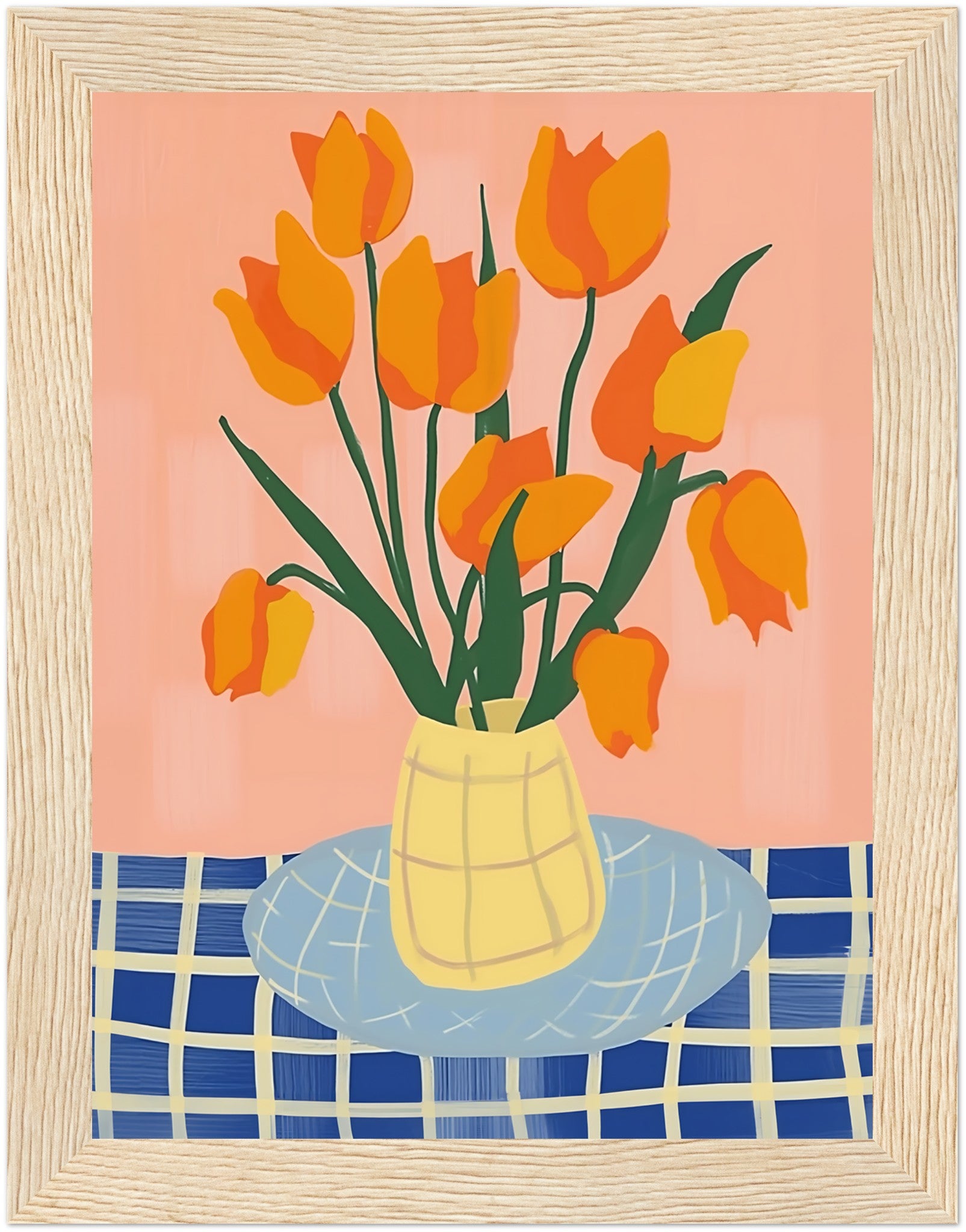 Stylized painting of orange tulips in a yellow vase on a blue checkered table.