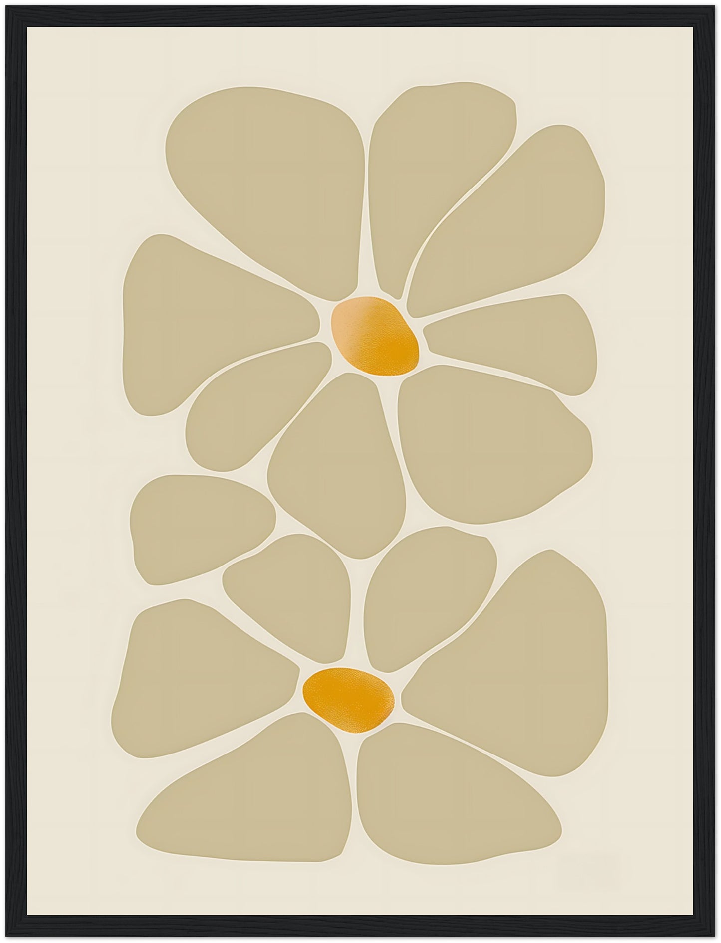 Abstract floral design in earth tones, framed with a wooden border.