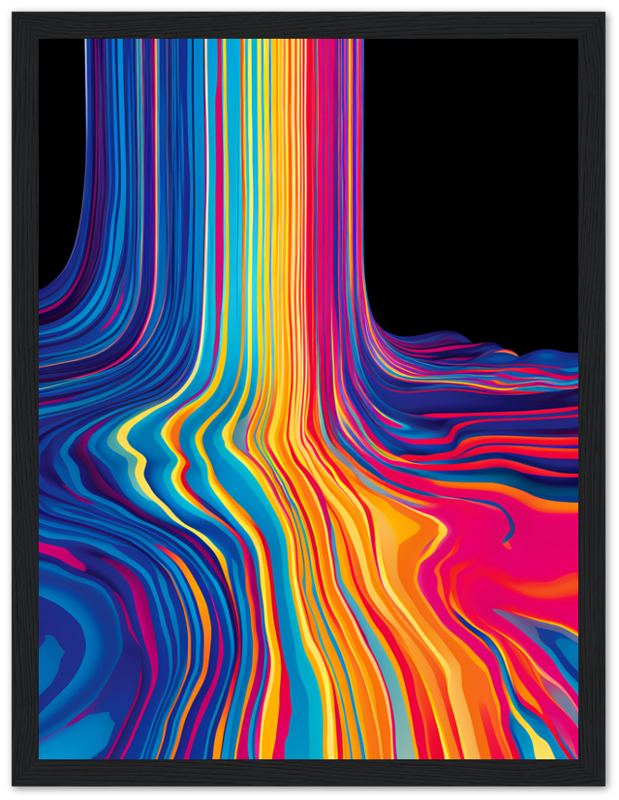 A framed abstract artwork with flowing multicolored lines on a black background.