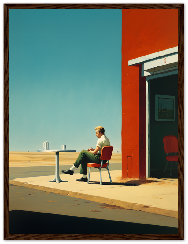 A person sitting by a table outside a building with a bright red wall under a clear sky.