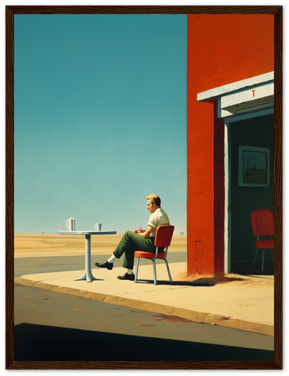 A person sitting by a table outside a building with a bright red wall under a clear sky.