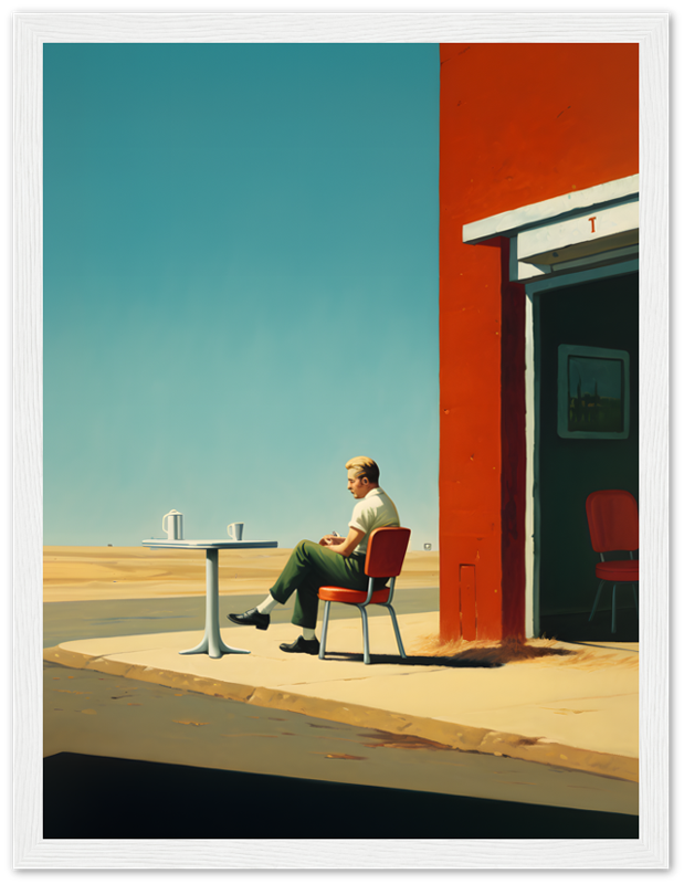 A person relaxing at a table beside a colorful building, evoking a serene, artistic ambiance.