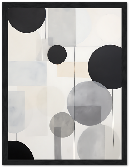 Abstract art with circles and muted tones in a wooden frame.