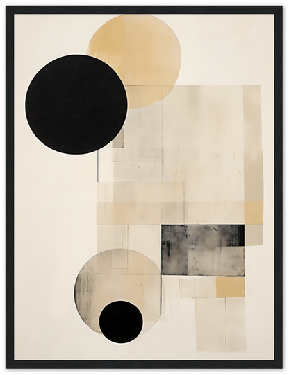 Abstract art with geometric shapes in black, beige, and gray tones on a canvas.