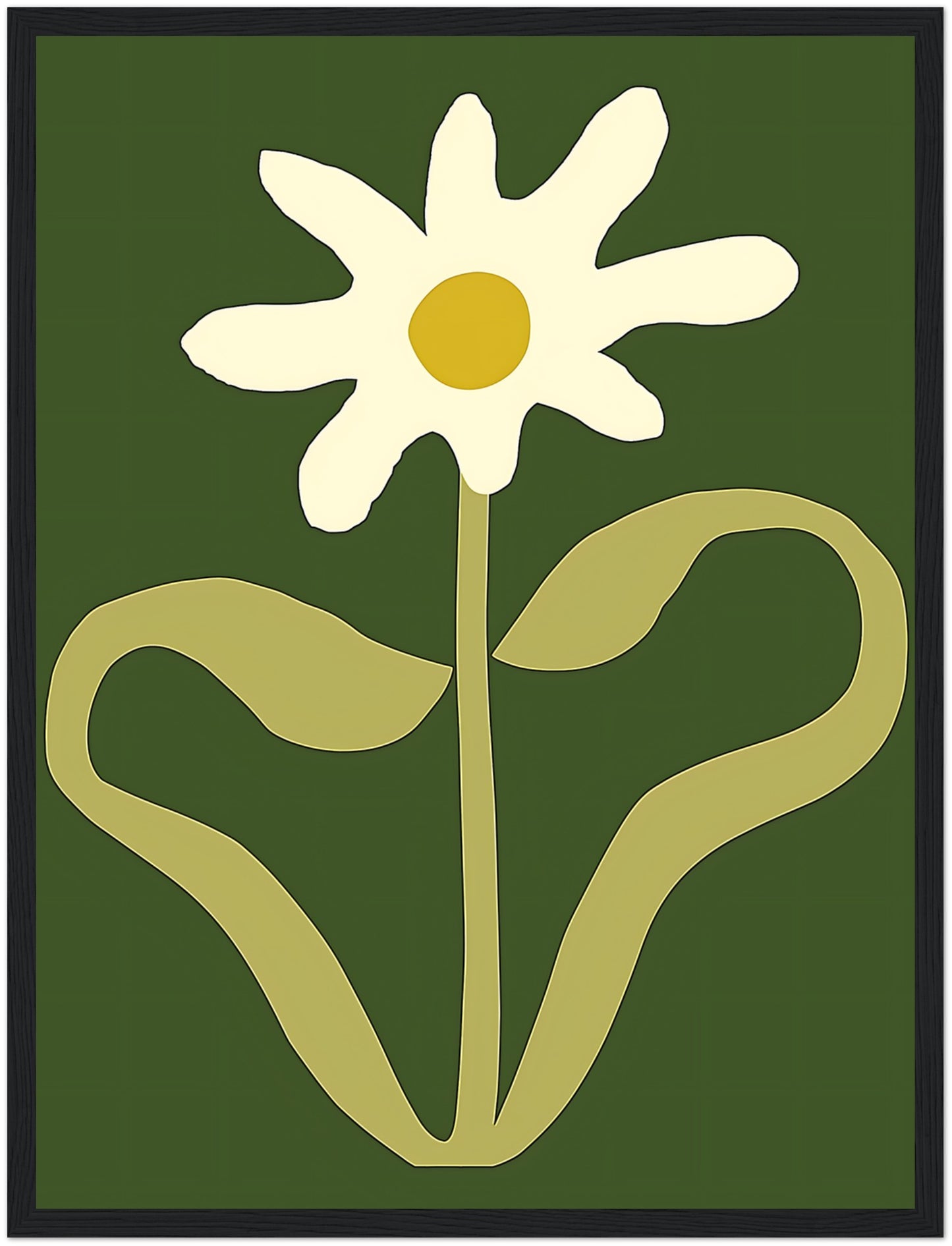 A stylized image of a white flower with a yellow center and green background, framed in brown.