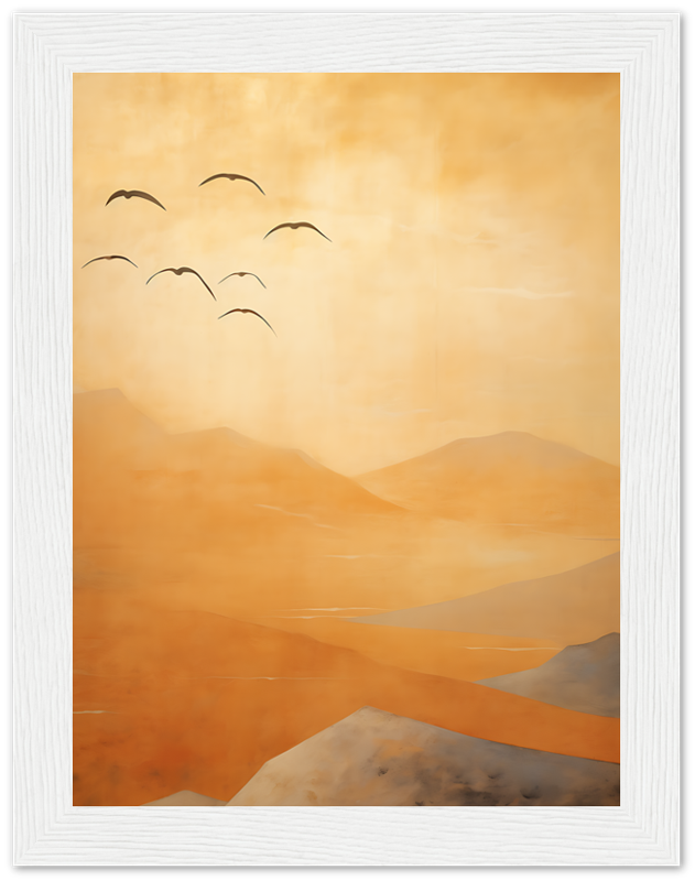A framed painting of birds flying over orange-toned mountains.
