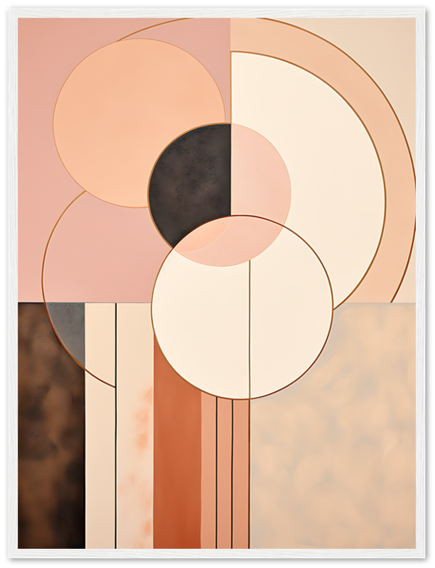 Abstract geometric artwork with overlapping circles and rectangles in pastel tones.