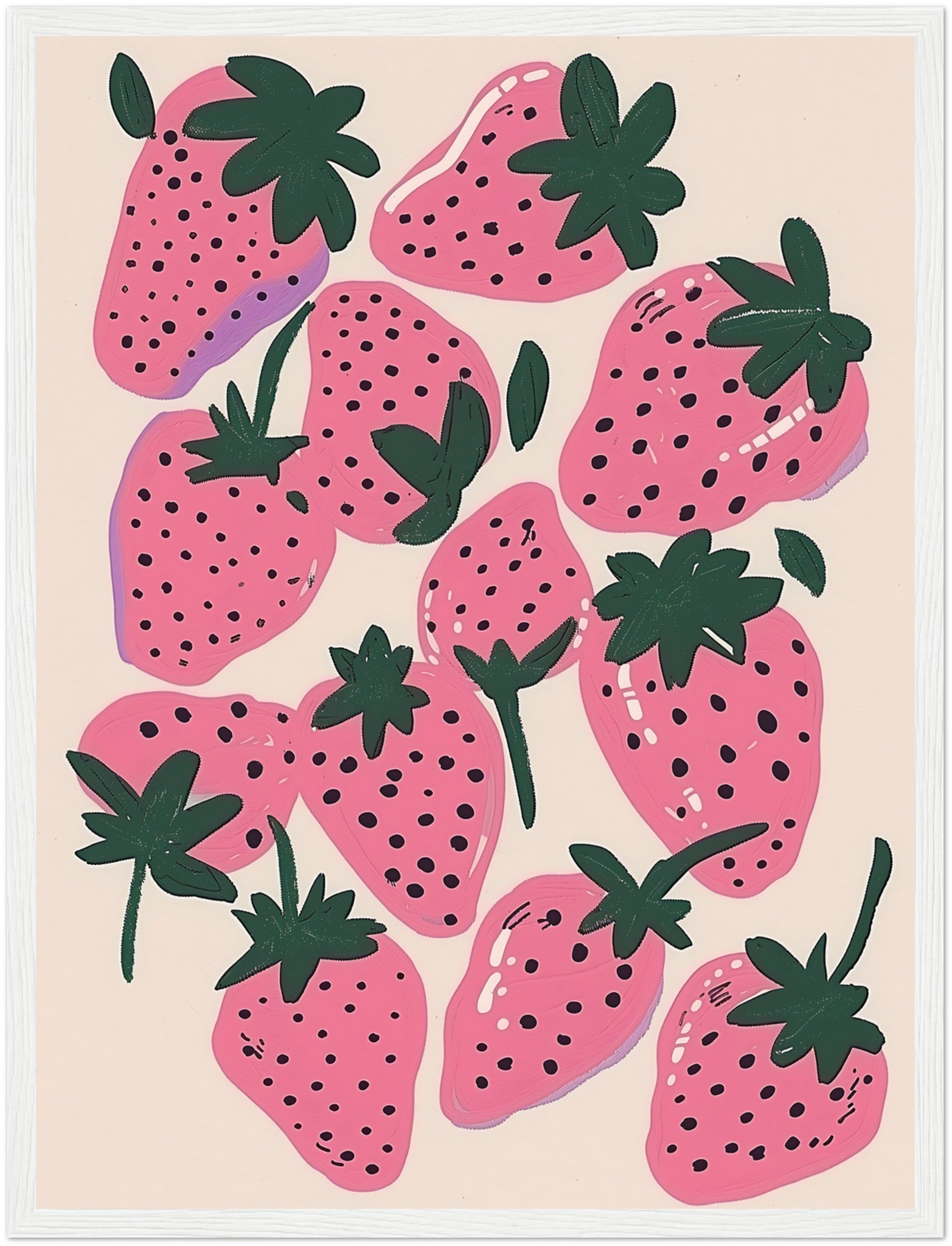 Illustration of stylized pink strawberries with black seeds and green leaves on a light background.