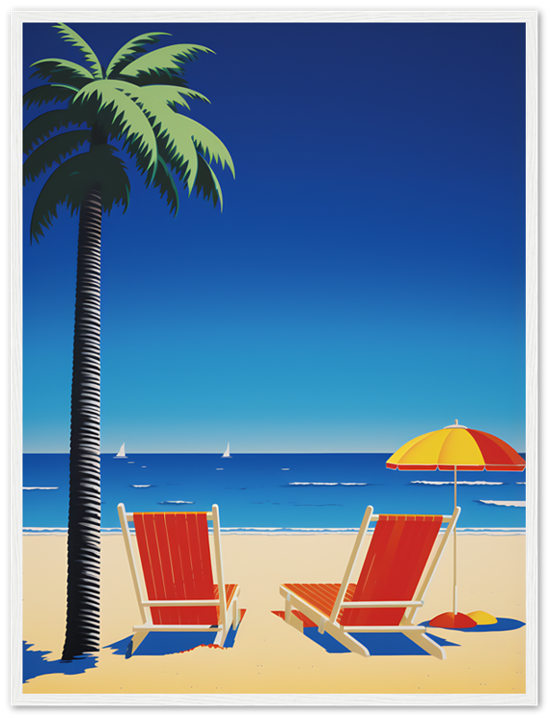Illustration of a beach scene with palm tree, two chairs, umbrella, and sailboats in the distance.