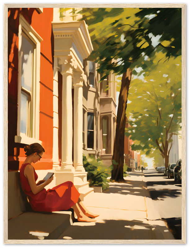 A person reading a book on a sunny city sidewalk.