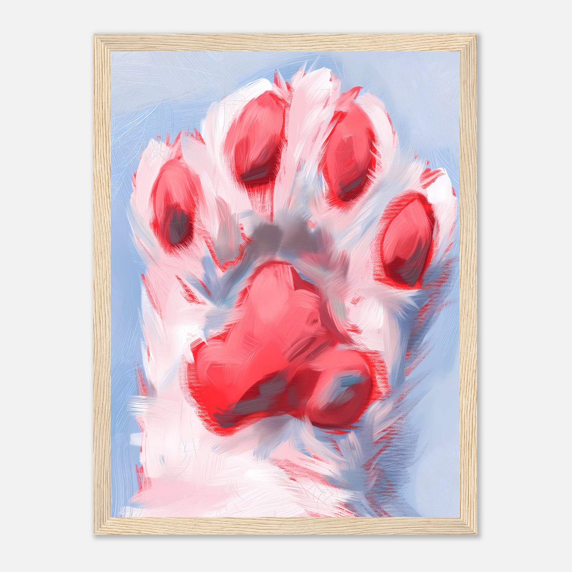 A framed abstract painting of a cat's paw in red and white tones.