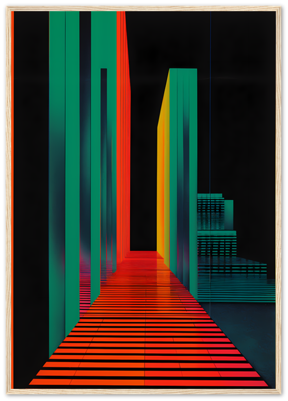 Abstract digital artwork featuring colorful geometric shapes forming a corridor perspective.