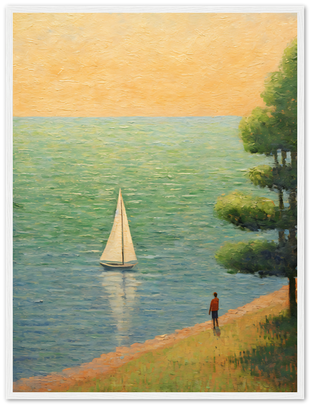 A framed painting of a person standing by the shore watching a sailboat at sunset.