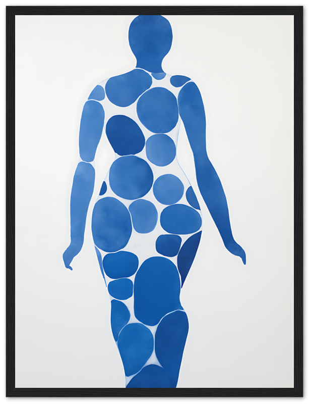 Abstract artwork of a human silhouette composed of blue circular shapes on a white background.