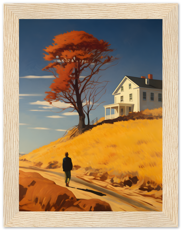 A framed painting of a person walking towards a house with a vibrant orange tree on a hill.