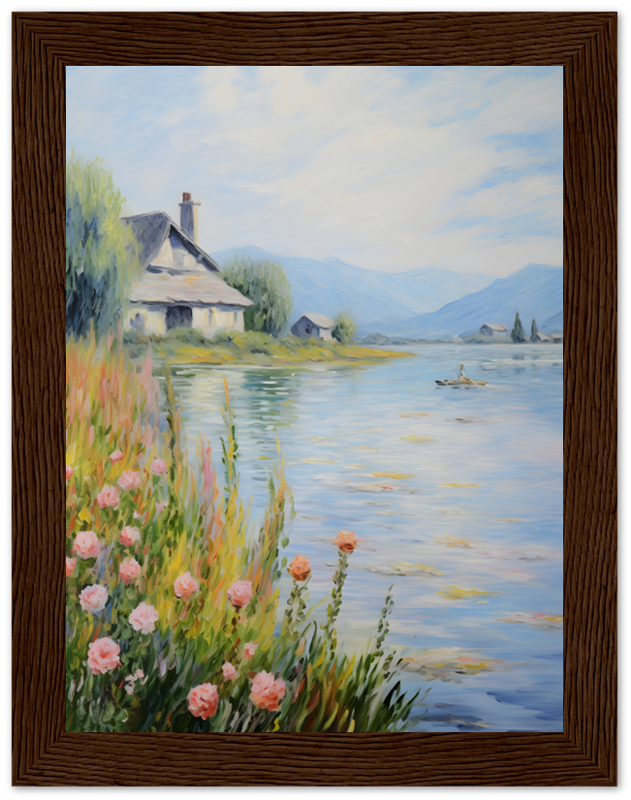 A framed painting of a tranquil lakeside cottage with a boat and distant mountains.