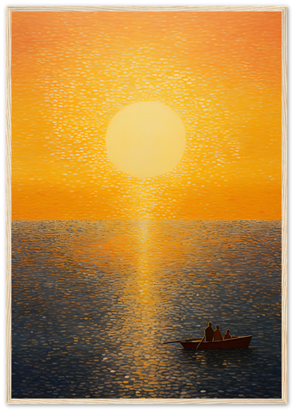 Sunset over water with two people in a boat, framed as a painting.