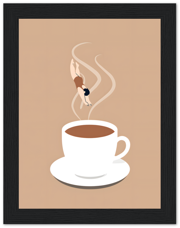 Illustration of a miniature person diving into a large cup of coffee.