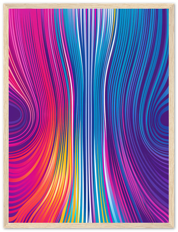 Abstract colorful wavy lines art in a dark wooden frame.