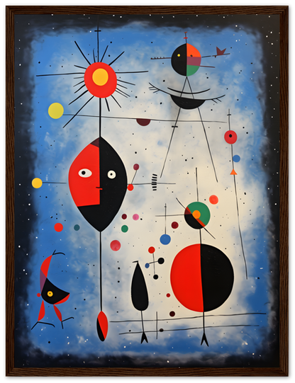 Abstract painting with geometric shapes and celestial motifs in a framed picture.