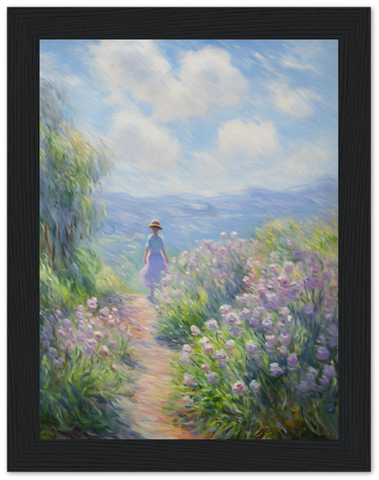 Painting of a person in a hat walking down a flower-lined path with a dramatic sky overhead.