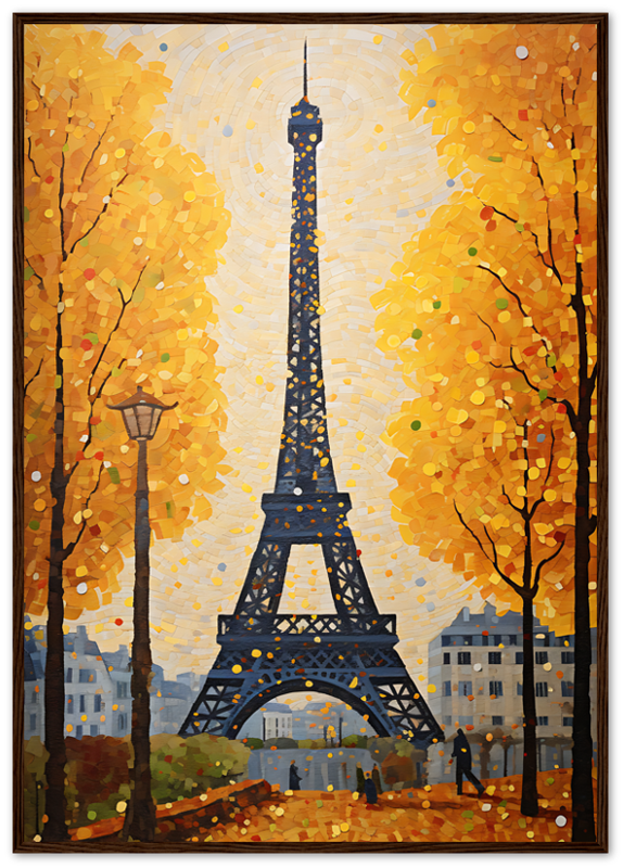 An impressionistic painting of the Eiffel Tower surrounded by autumn trees.