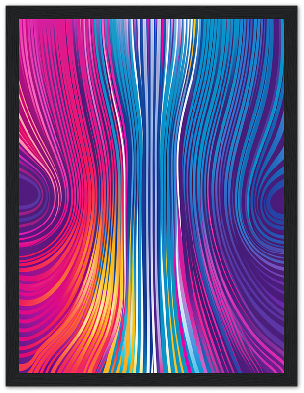 Abstract colorful wavy lines art in a dark wooden frame.