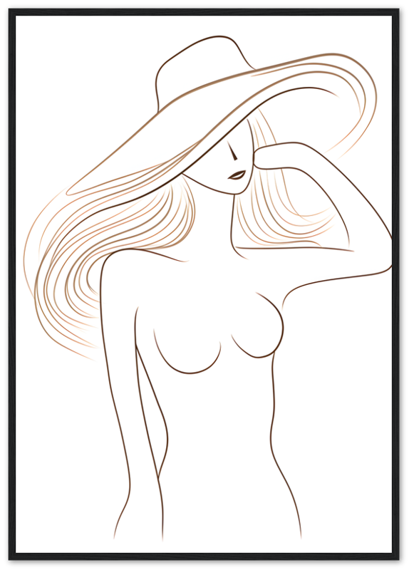 Stylized line drawing of a woman wearing a wide-brimmed hat.