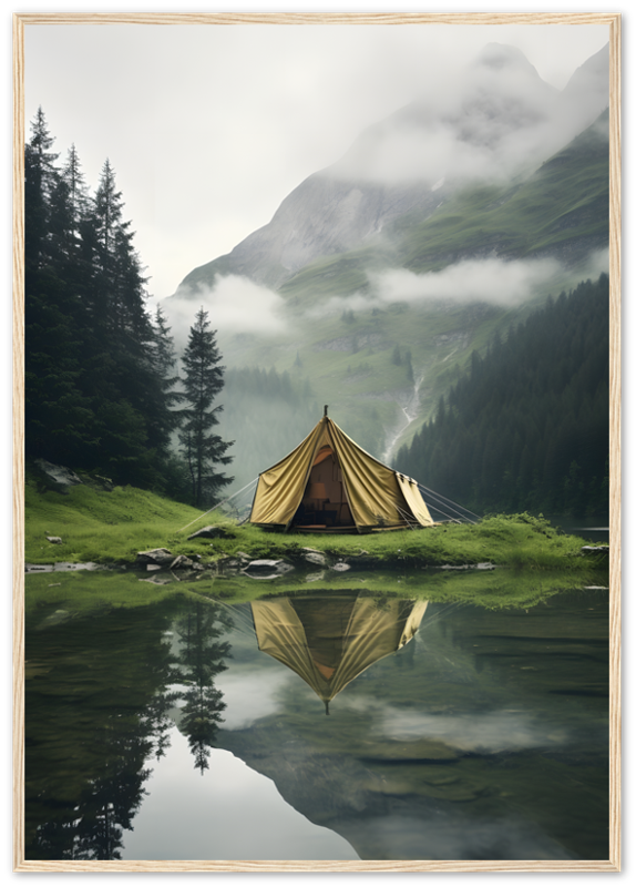 A tent reflected in a clear mountain lake surrounded by misty peaks.
