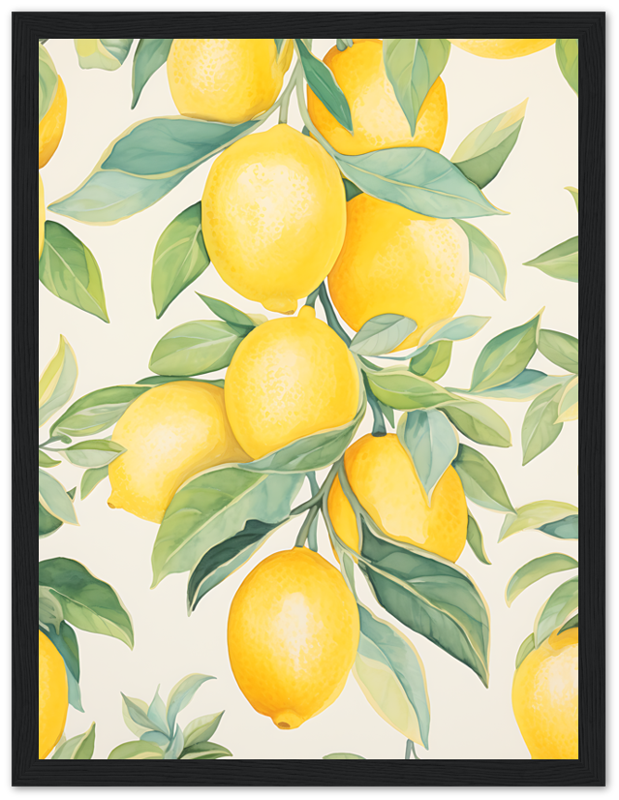 Artistic illustration of ripe lemons on branches with green leaves, framed.