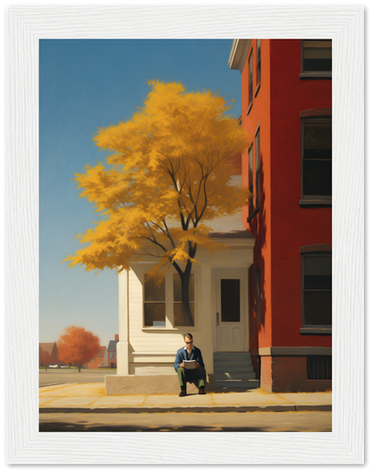 A person sitting on steps outside a red building with a bright yellow tree above.