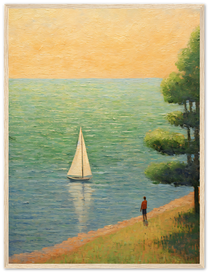 A painting of a person standing by a lakeshore watching a sailboat at sunset, framed beautifully.