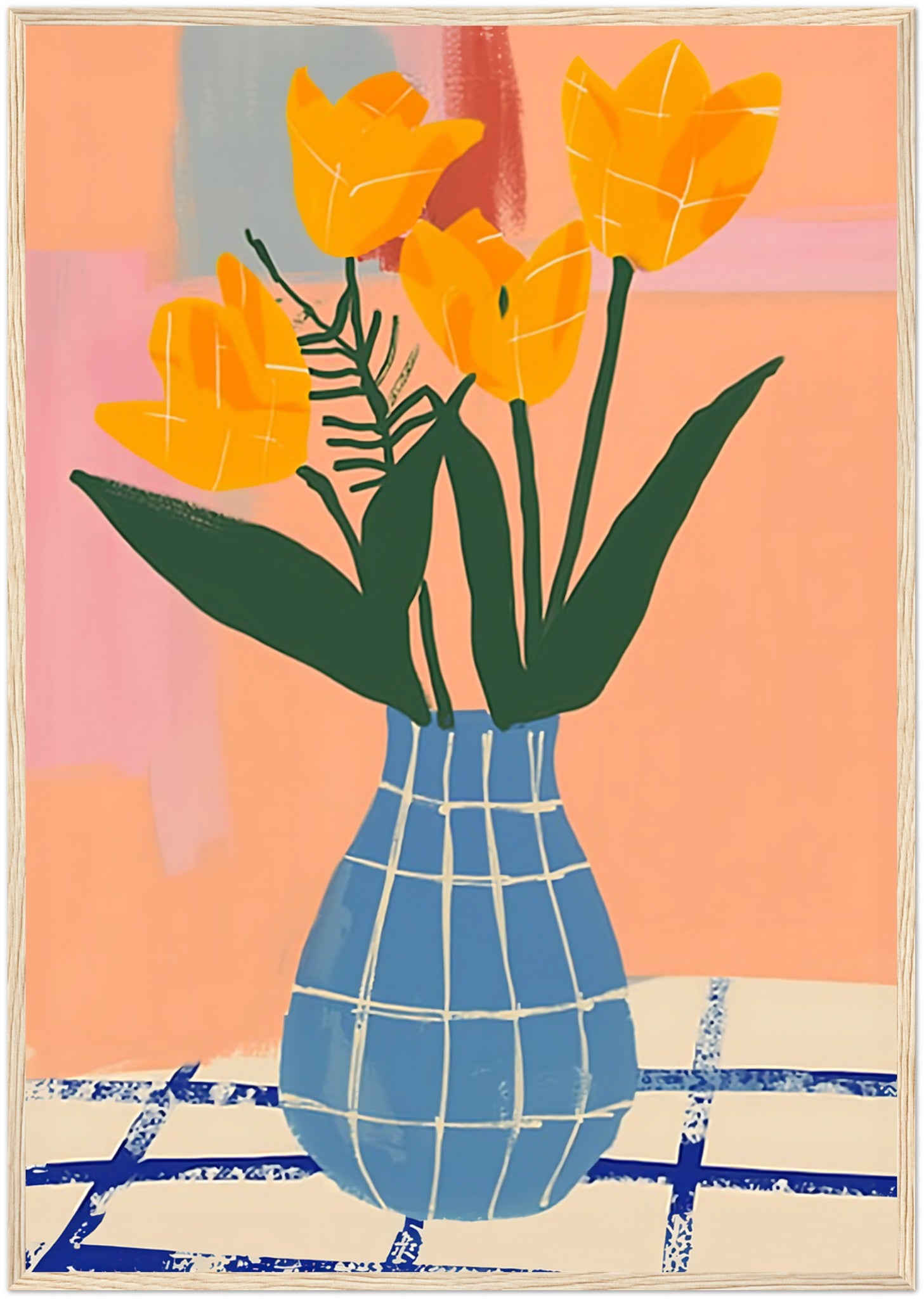 Abstract painting of yellow tulips in a blue checked vase against colorful background.